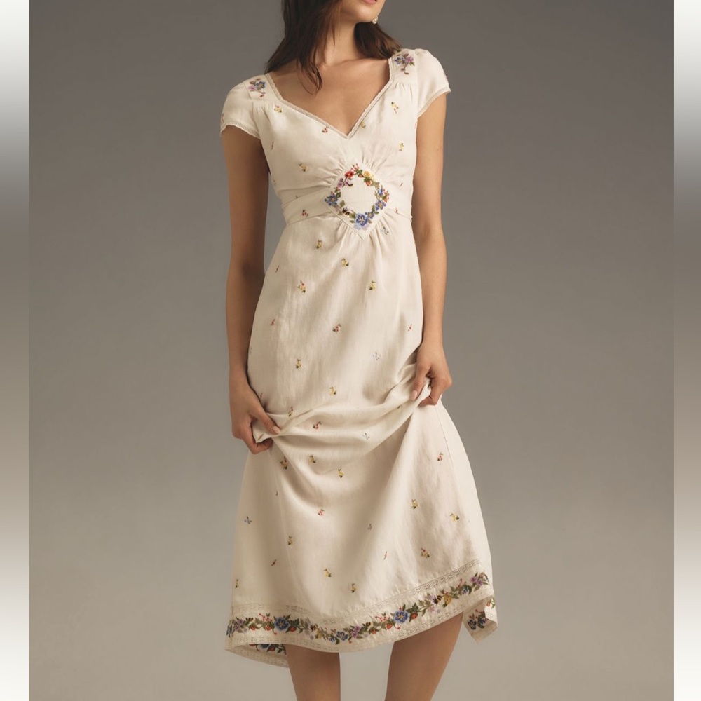 Anthropologie X RIXO Carey embroidered linen midi dress size small